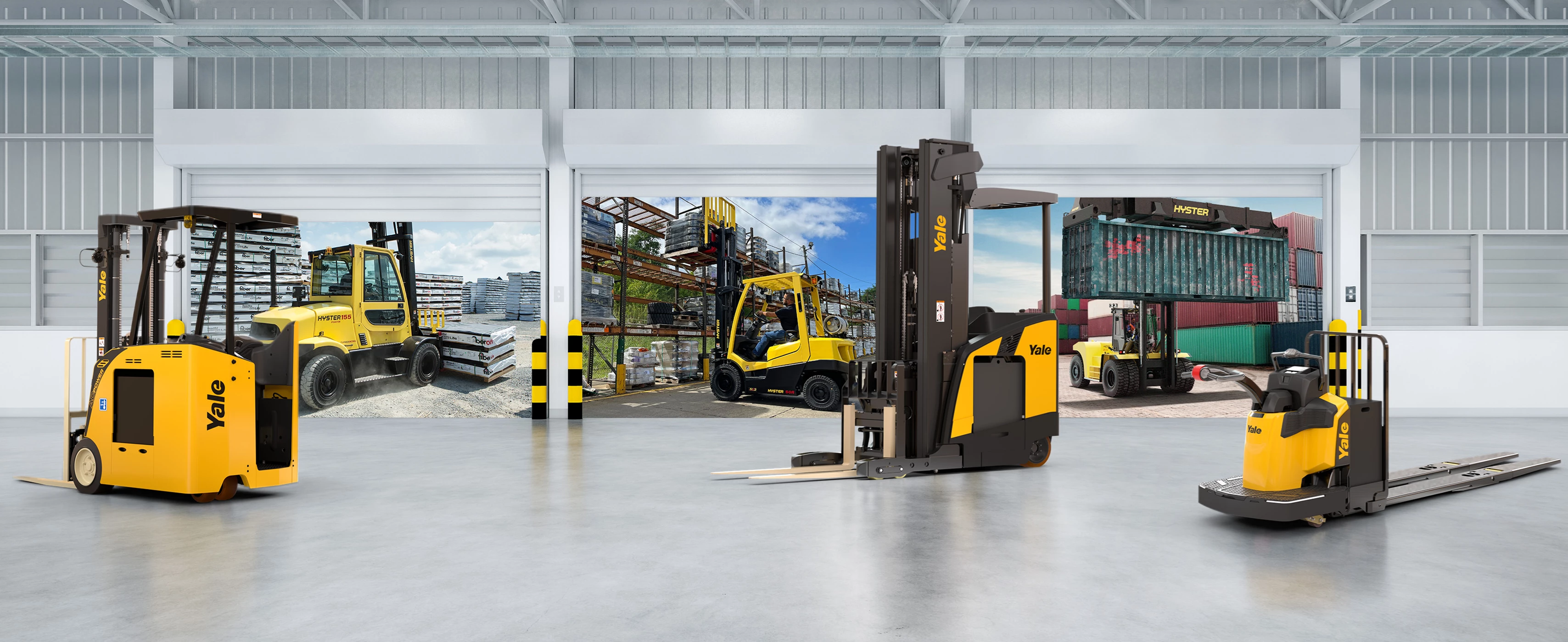 Outdoor and warehouse Hyster and Yale lift trucks.