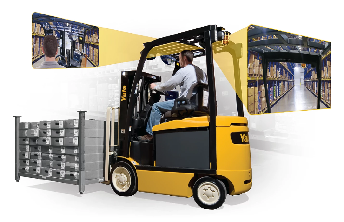 A Yale forklift with overlays showing the view provided by the Yale Vision impact camera.