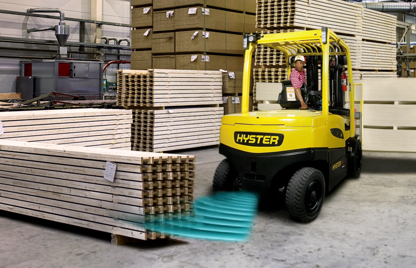 A Hyster forklift in a lumberyard with graphics illustrating Hyster Reaction object detection.