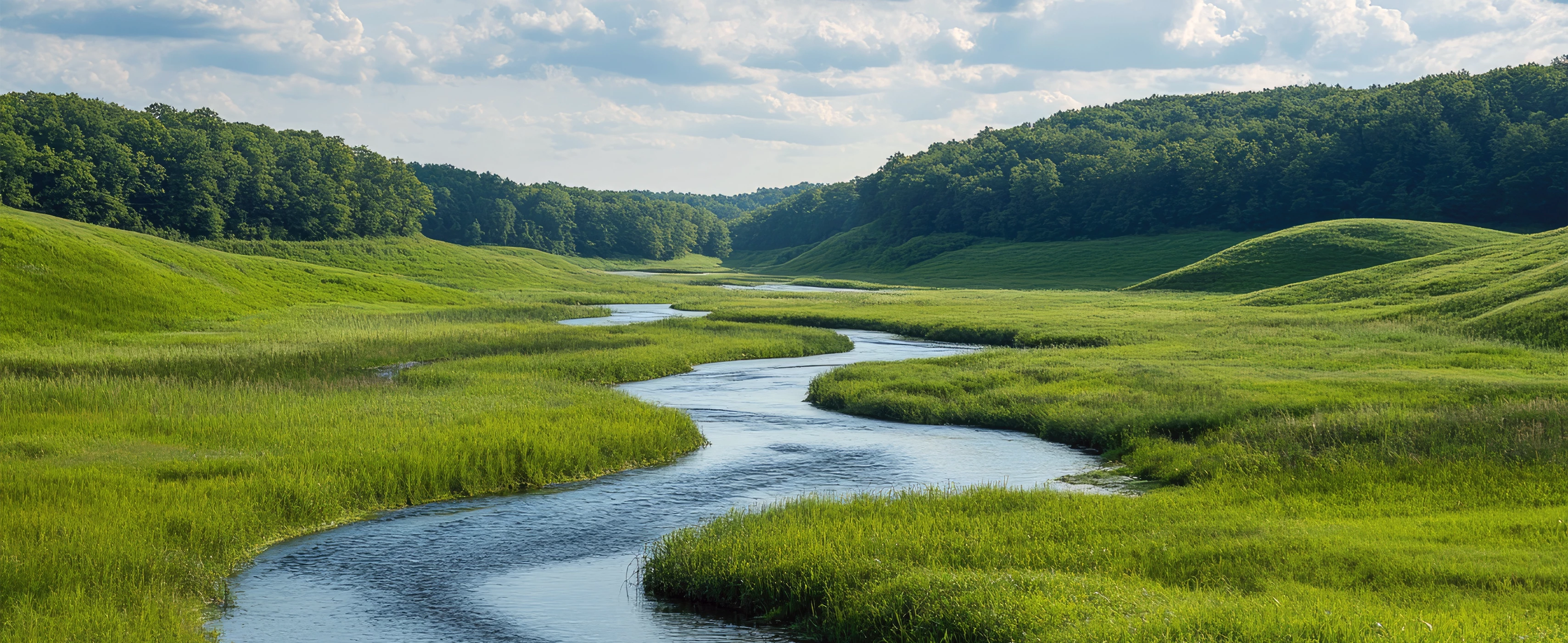 Waterway with lush green foliage. 