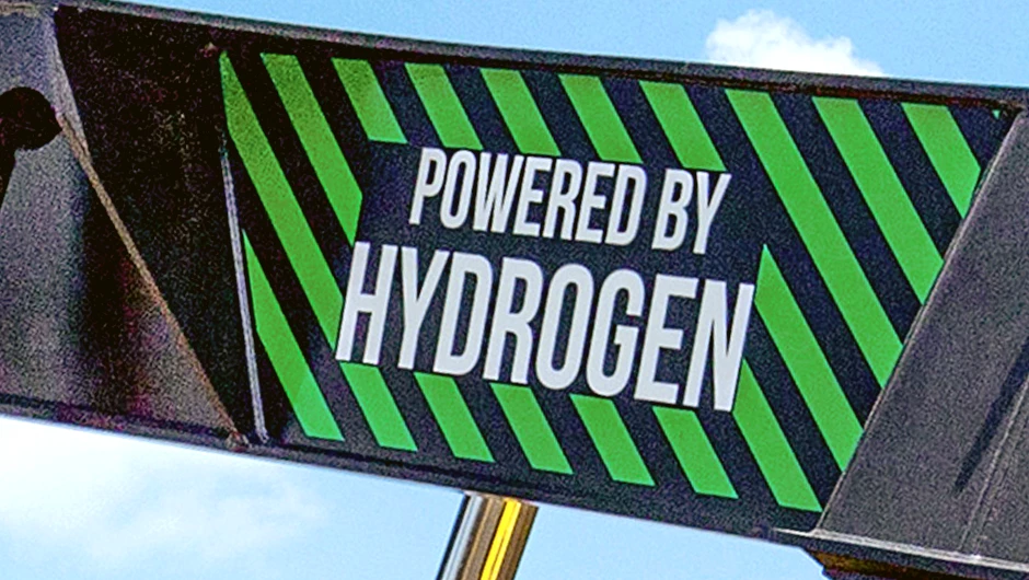 Nuvera, powered by hydrogen decal on a Hyster container handler.