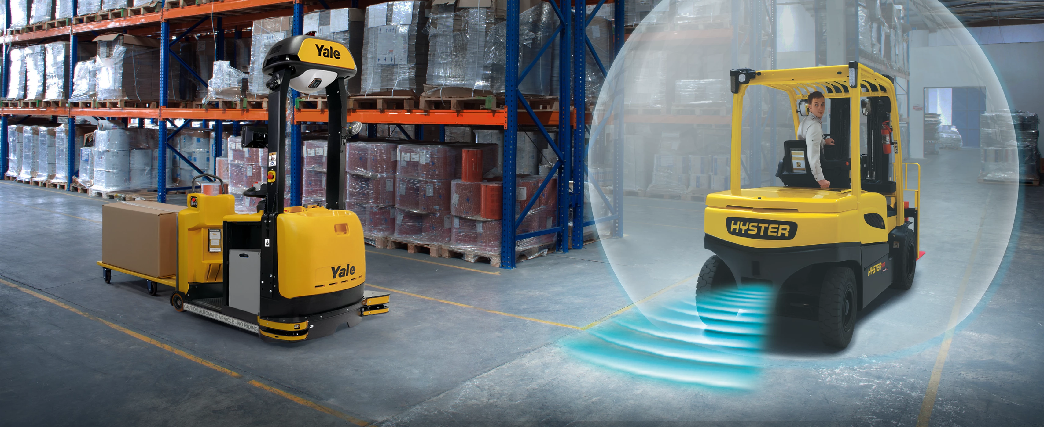 Yale Relay automated lift truck and Hyster forklift truck with Hyster Reaction operator assist technology. 