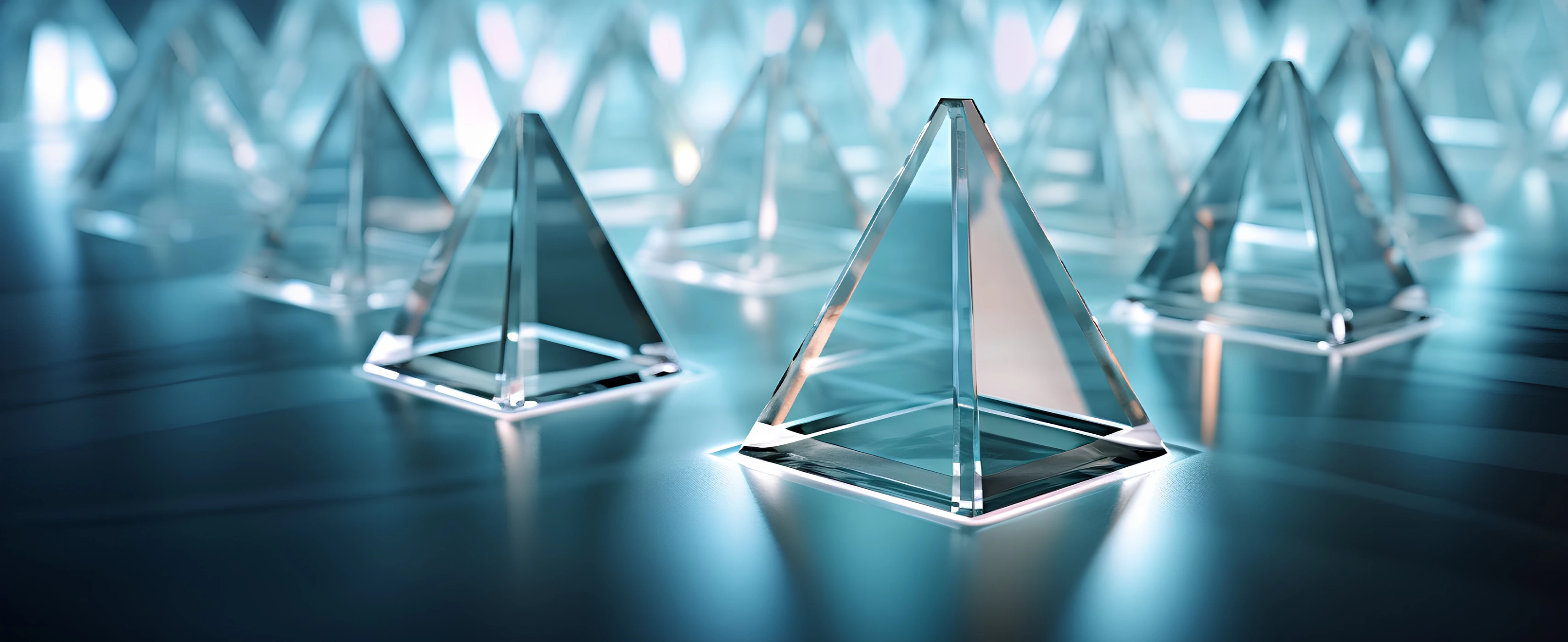 Series of glass pyramid trophies on a blue background with reflection.