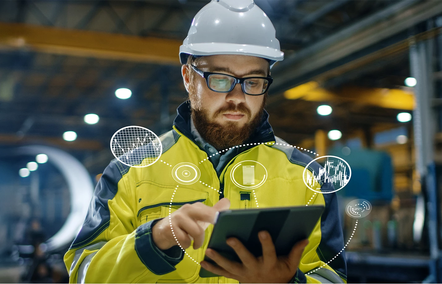 Person on tablet reviewing telemetry forklift fleet data.